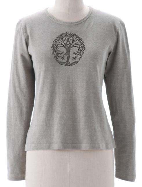 Tree Pose Imprinted on Made in USA Hemp Organic Cotton Long Sleeve Ladies Top