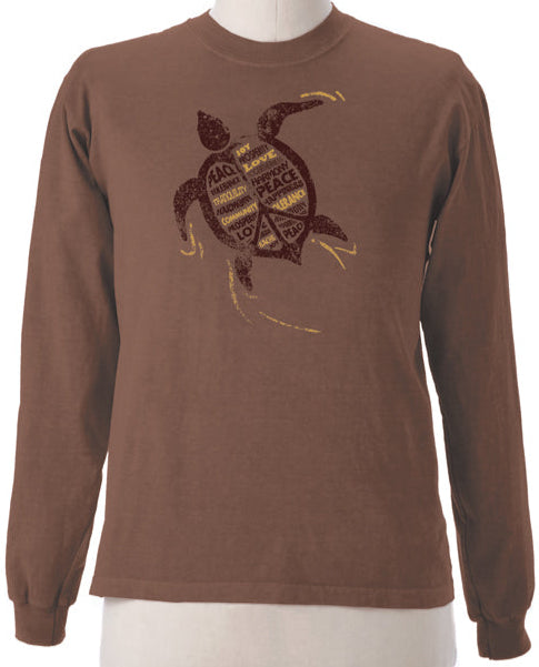 Peaceful Turtle design Imprinted on Men's Long Sleeve Clay Dyed Organic Cotton Tee
