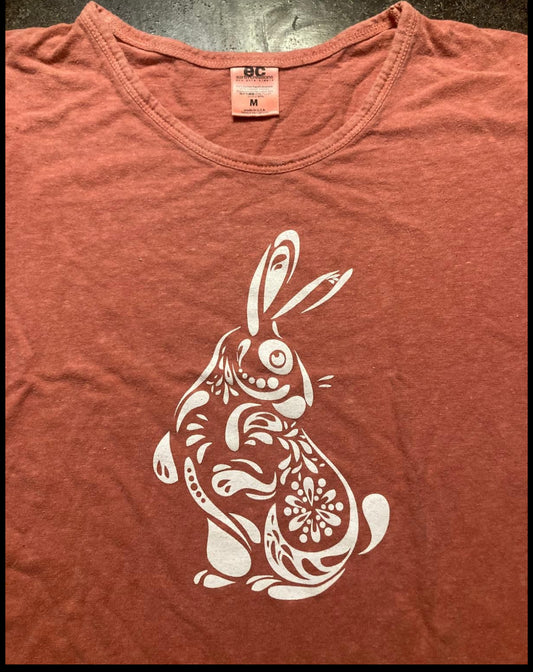 Rabbit Imprinted on our Hemp Short Sleeve Scoop Neck Ladies Festival Top