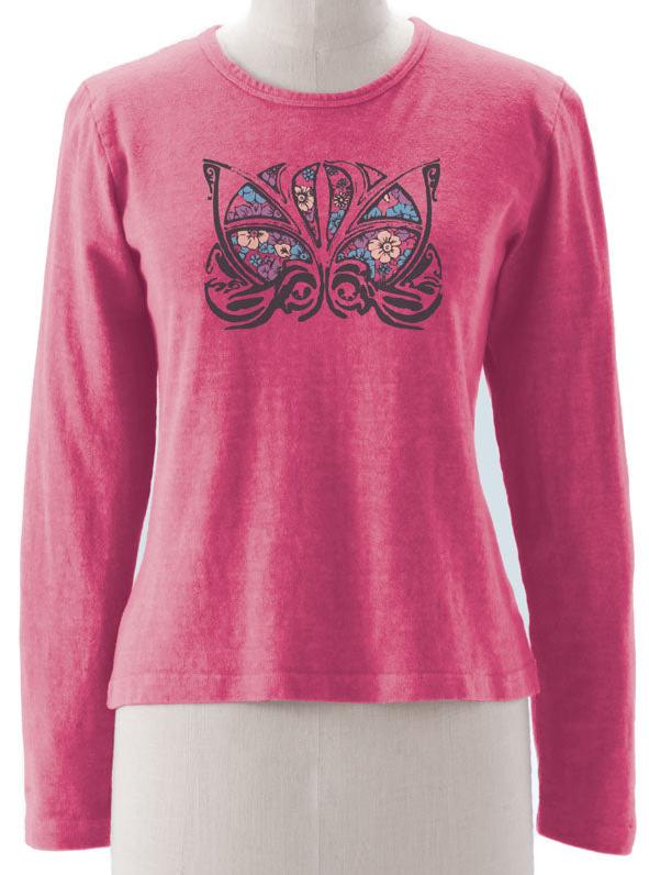 Art Nouveau Flowers Imprinted on Made in USA Hemp Long Sleeve Ladies Top