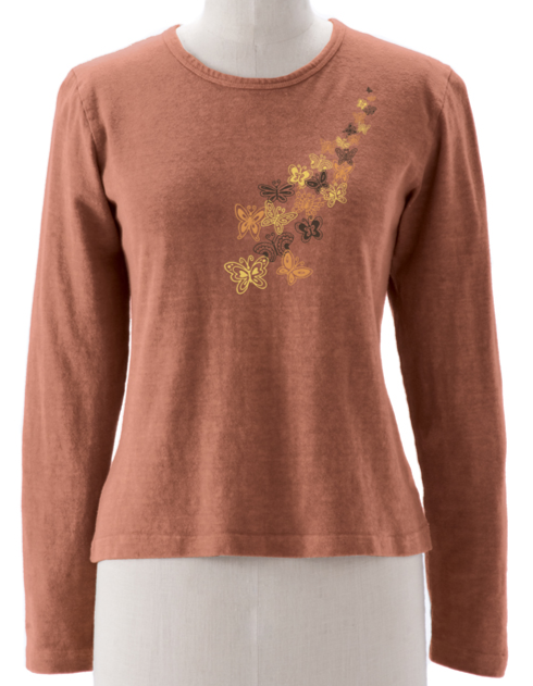 Flutter Flies Imprinted on Made in USA Hemp Long Sleeve Ladies Top