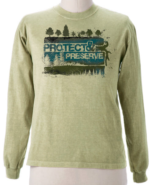 Protect & Preserve design Imprinted on Men's Long Sleeve Clay Dyed Organic Cotton Tee