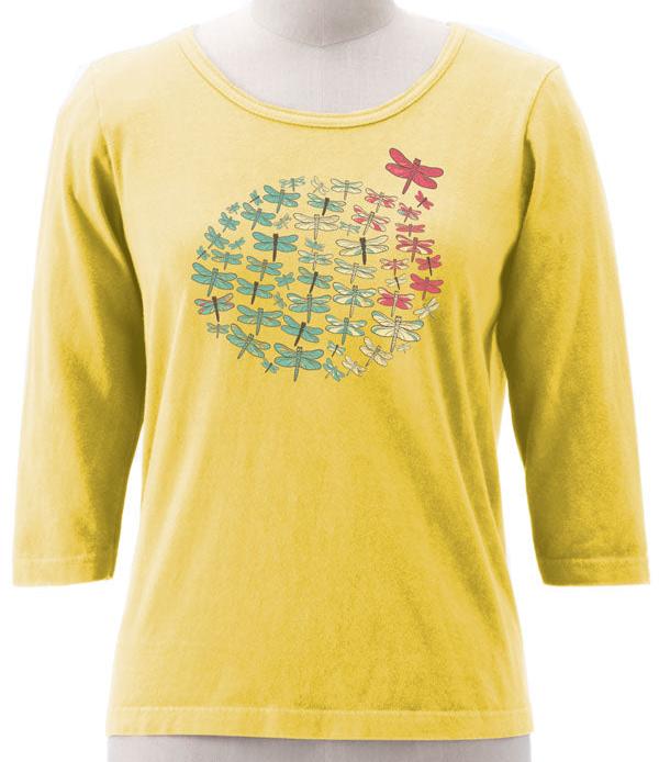 Dragonfly Circle on Made in USA Organic Cotton 3/4 Sleeve Ladies Tee