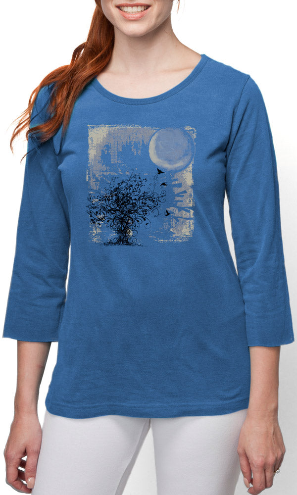 Tree with Moon Art on Made In USA Organic Cotton 3/4 Sleeve Ladies Tee