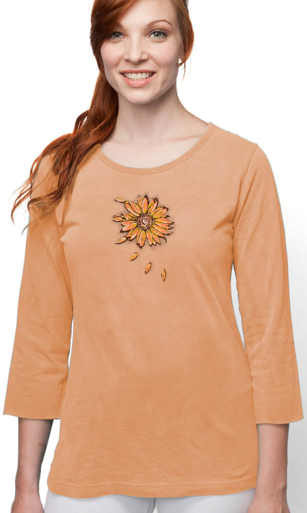 Sunflower Imprinted on USA Made Organic Cotton 3/4 Sleeve Ladies Tee