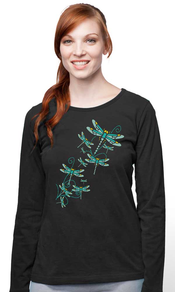 Happy Dragonfly Imprinted on Made in USA Organic Cotton L/S Scoop Tee