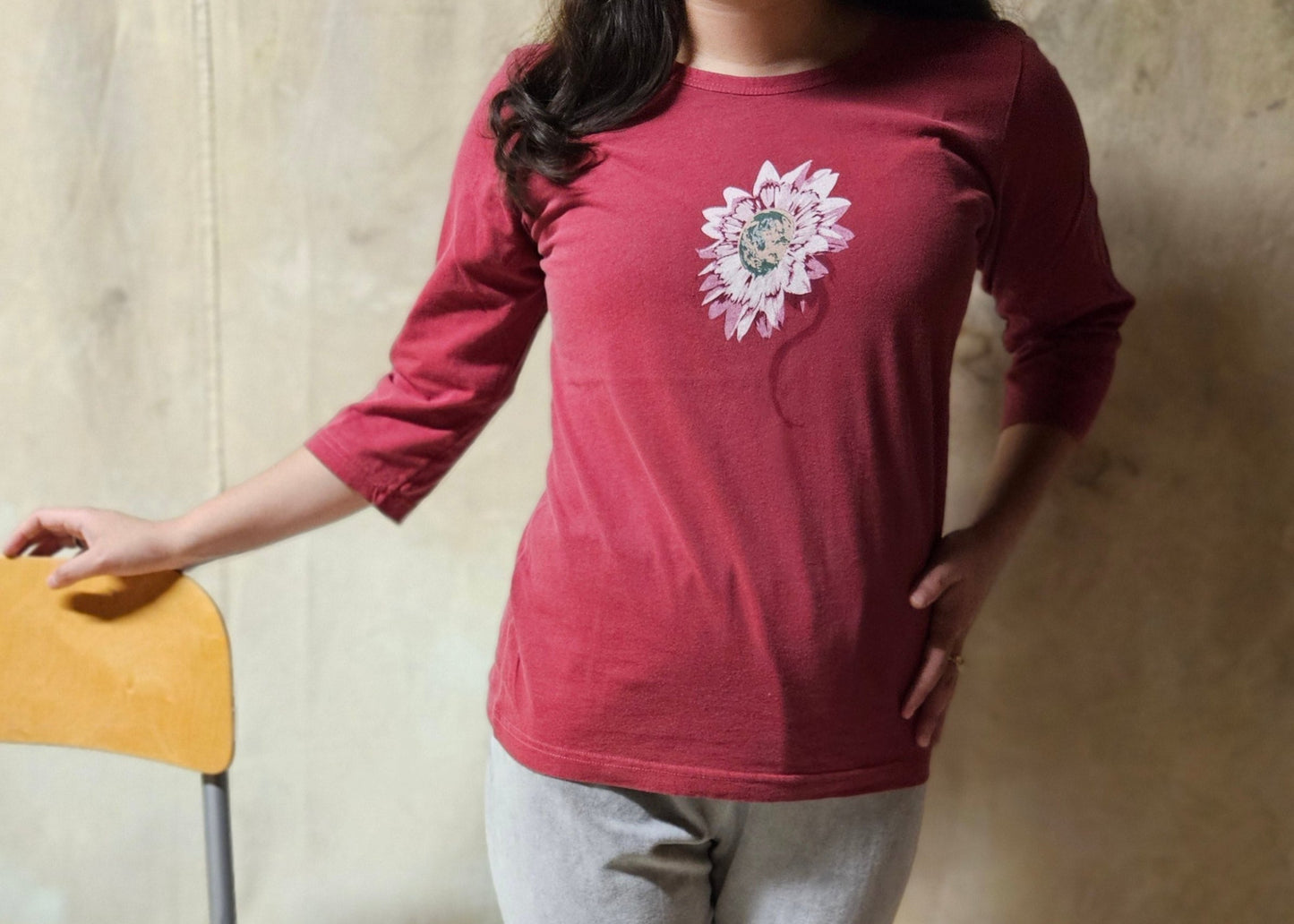 Earth Flower Imprint on Made in USA Organic Cotton 3/4th Sleeve Ladies Tee