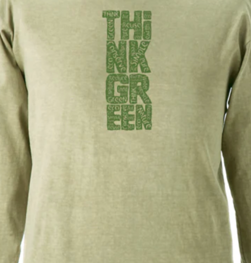 Think Green Design Imprinted on Men's Long Sleeve Clay Dyed Organic Cotton Tee